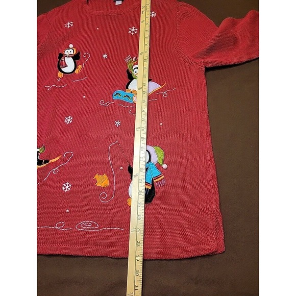 Holiday Editions Sweater‎ Womens XL Embroidered Penguin Ramie Red - Picture 9 of 14